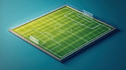 An illustration of a soccer field with prominent white lines marking the playing area, penalty boxes, center circle, and goals on a blue background.