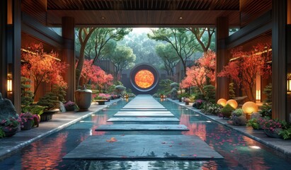 Poster - Serene Japanese Garden with Stone Pathway and Reflecting Pool