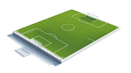 this image shows a 3d illustration of a soccer field with white markings indicating the boundaries, 