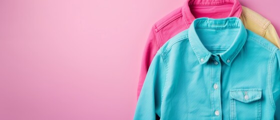 Wall Mural -  Two sets of shirts, one blue and pink, the other pink and blue, hang on hooks against a pink wall