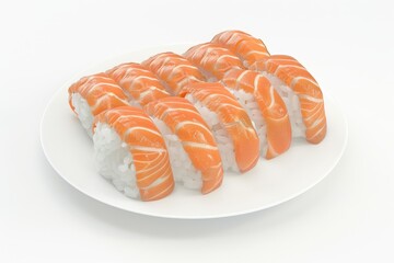 Wall Mural - Salmon sushi on a plate in a white background