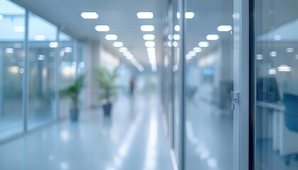 Aufkleber - A modern office interior with blurred backgrounds, showcasing a bright and spacious environment filled with plants and glass partitions.