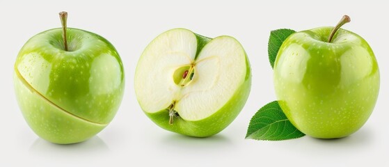 Poster -  A green apple, halved with a leaf attached, and another green apple, biten