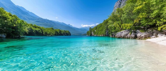  A pristine body of water, encircled by verdant trees, and a distant mountain range under a clear, bright blue sky