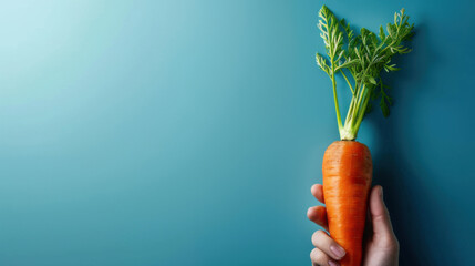 Wall Mural - Close-up of a hand holding a fresh carrot with green leaves against a blue background, symbolizing healthy eating and vegetables.