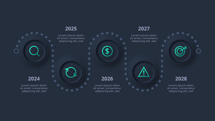 Neumorphic flowchart dark iinfographic. Creative concept for infographic with 5 steps, options, parts or processes.