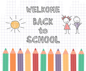 Wall Mural - Back to school banner. A checkered notebook with pencils and hand drawn kids drawing. Colored pencils and colorful text banner, poster, background.