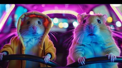 Two animated hamsters driving in a colorful, neon-lit scene