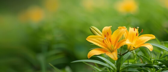 Wall Mural -  A tight shot of a yellow bloom amidst a sea of grass, surrounded by a hazy foreground of yellow blossoms