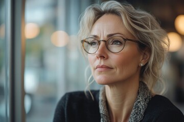 Business woman in her 40's looks away thoughtfully in an office, Generative AI