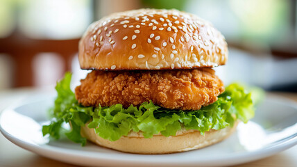 Wall Mural - A close-up shot of a delicious crispy chicken burger with fresh lettuce, golden-brown chicken patty, and a sesame seed bun, all on a clean white plate