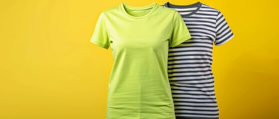 Wall Mural -  Two women's T-shirts on a mannequin One is green, the other is black and white, situated against a bright yellow backdrop