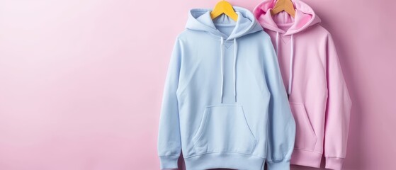 Wall Mural -  A pink hoodie and a blue hoodie hang against a pink wall A set of clothes is suspended from a hanger nearby