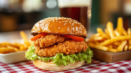 Wall Mural - A delicious crispy chicken burger with lettuce, served on a classic checkered tablecloth with a side of golden fries and a refreshing beverage