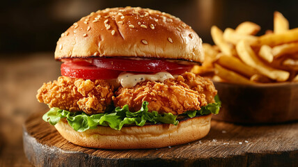 Wall Mural - A delicious crispy chicken burger with lettuce, tomato, and mayonnaise, set on a rustic wooden table with a side of crispy fries. Real photo