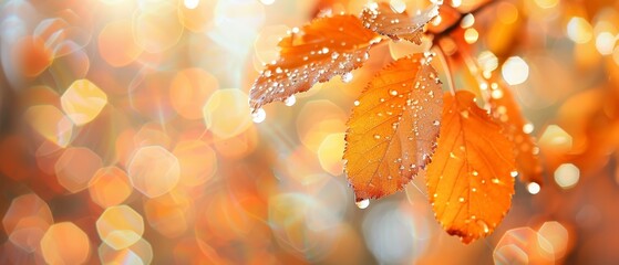 Wall Mural -  A tight shot of a wet leaf on a branch, adorned with water droplets Background features indistinct, illuminated lights