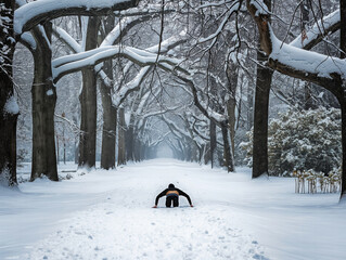 Wall Mural - A man is in the snow, looking down at his feet. The snow is deep and the trees are bare. Scene is quiet and peaceful