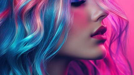 Wall Mural - Close up of a woman's face with blue and pink hair in neon light.