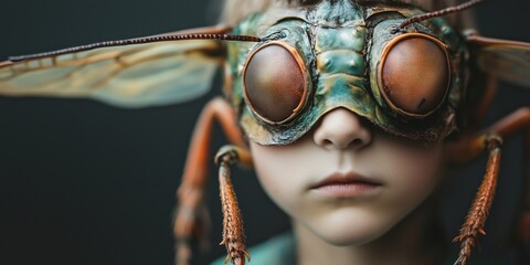 Wall Mural - young girl dressed up as an insect with a cap and googles