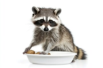 Raccoon standing and washing food isolated on a white background