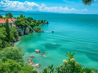 Wall Mural - A beautiful blue ocean with a rocky shoreline and a small town in the distance. The water is calm and clear, and the sky is blue with some clouds. The scene is peaceful and serene