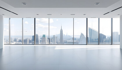 large office with blank white wall in front of panoramic window skyline view, 3D Illustration isolated with white highlights, png