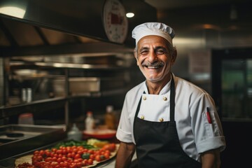 Wall Mural - Smiling portrait of a senior chef working in kitchen