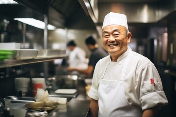 Smiling portrait of a senior male sushi chef in kitchen