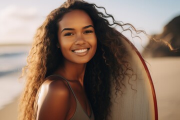 Wall Mural - Portrait of a young African American female surfer on the beach