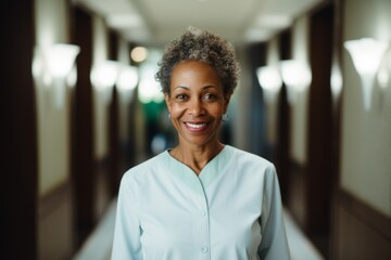 Wall Mural - Smiling portrait of a middle aged female African American hotel worker