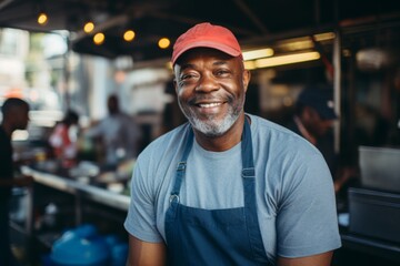 Wall Mural - Smiling portrait of a middle aged African American male food truck owner