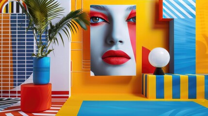 Wall Mural - Colorful abstract background with woman's face in a frame, blue and yellow striped wall, palm plant in a blue pot on a red platform, white orb on a blue and yellow striped platform.