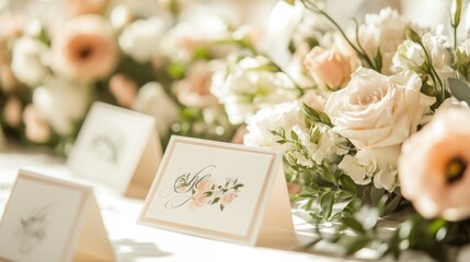 Aufkleber - Delicate roses and a variety of blooms adorn a table beside elegantly designed place cards during a spring wedding reception.