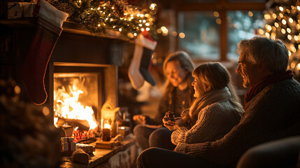 Poster - Family by the Fireplace on Christmas Eve.