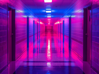 Wall Mural - A long hallway with pink and blue lights