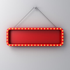 Fototapete - Hanging red retro light signboard or blank retro shining billboard long signboard with glowing yellow neon light bulbs isolated on white wall background with shadow 3D rendering