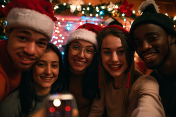 Group of friends taking a selfie with a Christmas tree in the background.