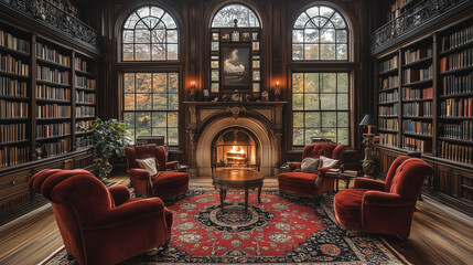 Wall Mural - A Victorian-style library with dark wood bookshelves, velvet armchairs, and a large fireplace