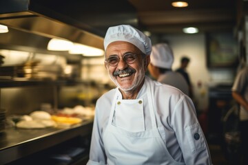 Wall Mural - Smiling portrait of a senior chef working in kitchen