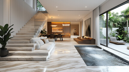 Wall Mural - A modern dining room with a glass table, marble floors, and an indoor waterfall feature.