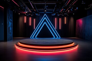 Futuristic stage with glowing neon lights and geometric shapes, perfect for events, performances, and photo shoots.