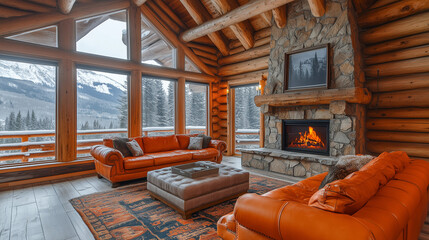 Wall Mural - a rustic cabin living room with log walls a stone fireplace