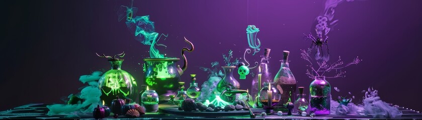 A captivating scene depicting a witch's potion lab, featuring glowing bottles, cauldrons filled with bubbling concoctions, and swirling smoke representing magic and mystery.