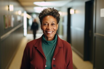 Wall Mural - Smiling portrait of a middle aged female African American hotel worker