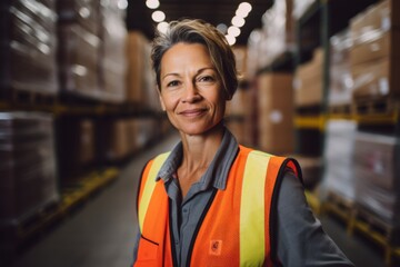 Portrait of a smiling middle aged female warehouse worker