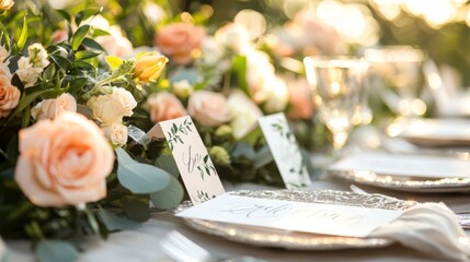 Aufkleber - Beautiful arrangements of soft peach and white flowers adorn tables, enhancing the romantic atmosphere during an outdoor wedding reception at dusk.