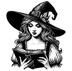 Beautiful witch woman reading a book