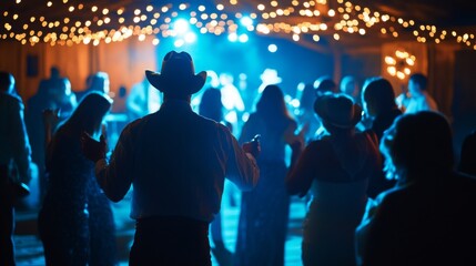 Poster - Attendees enjoy a lively country dance under string lights, dancing and socializing in a festive atmosphere at night.