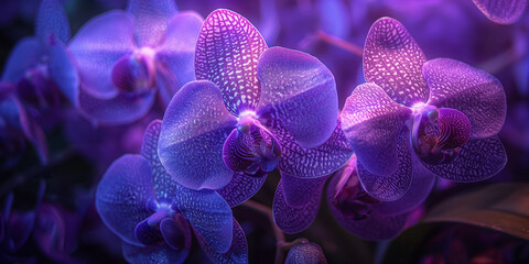 Sticker - Vibrant Purple Orchids in Soft Focus Under Neon Lighting