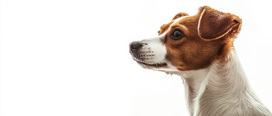 A profile view of a small dog with a brown and white coat against a white background.